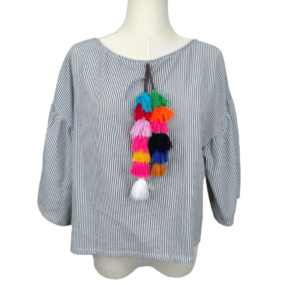 Viola Anthropologie Striped Loose-Fit Tassel Blouse Small Bohemian Funky Unique